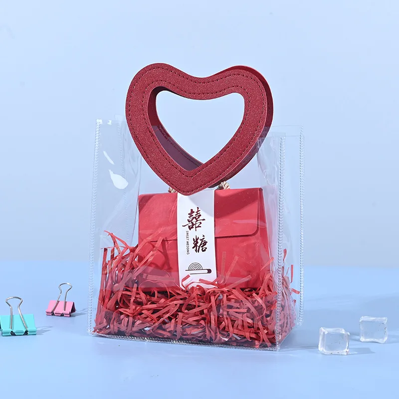 Transparent PVC Tote Bag 1 Pieces New Heart Portable Ornament Wedding Candy Gift Bag Plastic Cosmetics Bag Jelly Bag Gift Bag