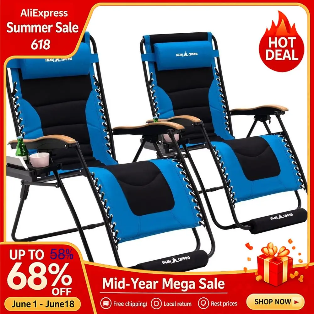 

Padded Oversized Zero Gravity Chair Set of 2 Cup Holder, 30 Wide Folding Reclining Camping Lounge Chairs with Headrest, Custom