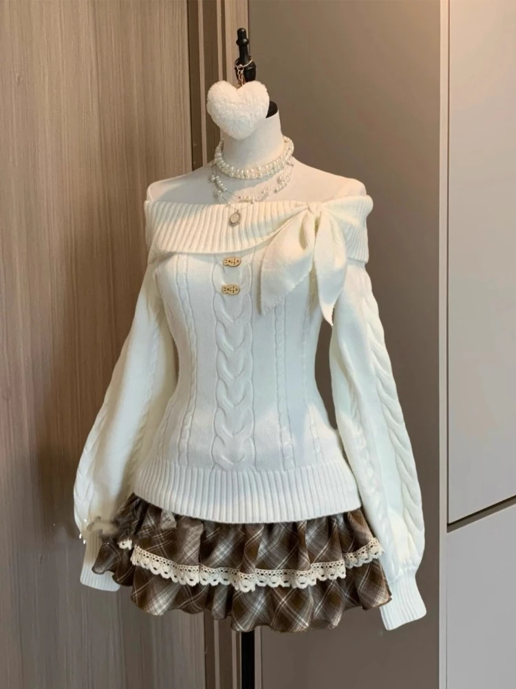 Chirstmas Knitted Sweater Women Winter Off Shoulder Red Pullover Y2k Vintage Clothing Slim Fit Jumpers Casual Long Sleeve Korean