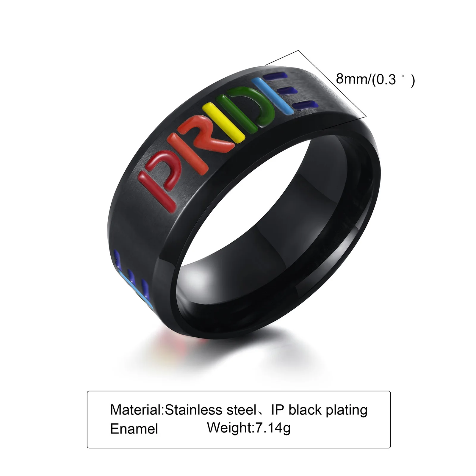 Black Stainless Steel Rainbow Ring Drop glue PRIDE Rainbow Letter Men Women Stainless steel ring