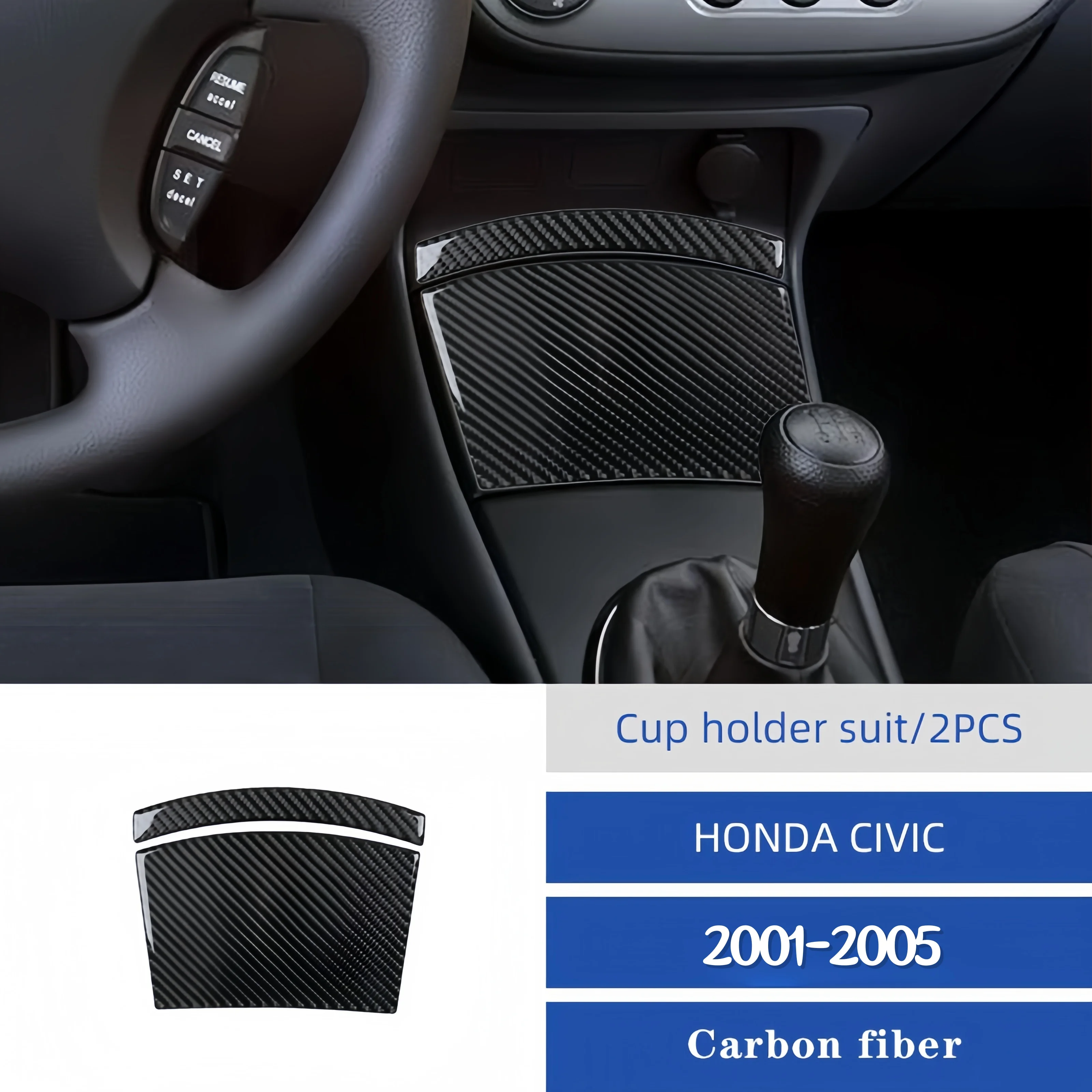 

Для Honda Civic 2001-2005 углеродное волокно, внутренняя центральная консоль автомобиля, держатель для чашки, панель, накладка, декоративная наклейка, аксессуары