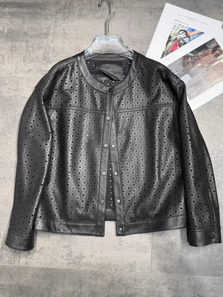 Vintage feminino outono oco para fora pele de carneiro jaqueta de couro genuíno único breasted o pescoço solto ajuste designer festa casaco outerwear