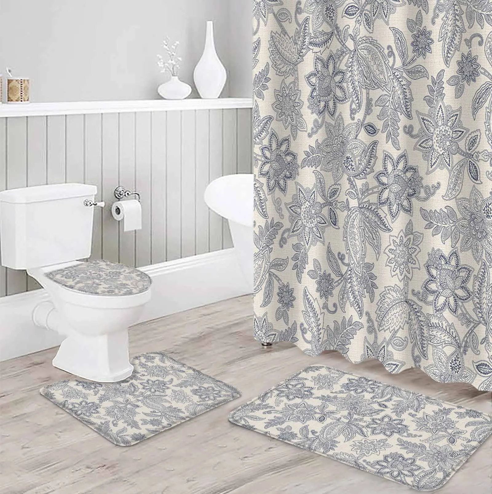 FloralTexturebeautifulPolyester printed shower curtain bathroom set,luxurious curtainsabstract 4-piece setcoral fleece floor mat