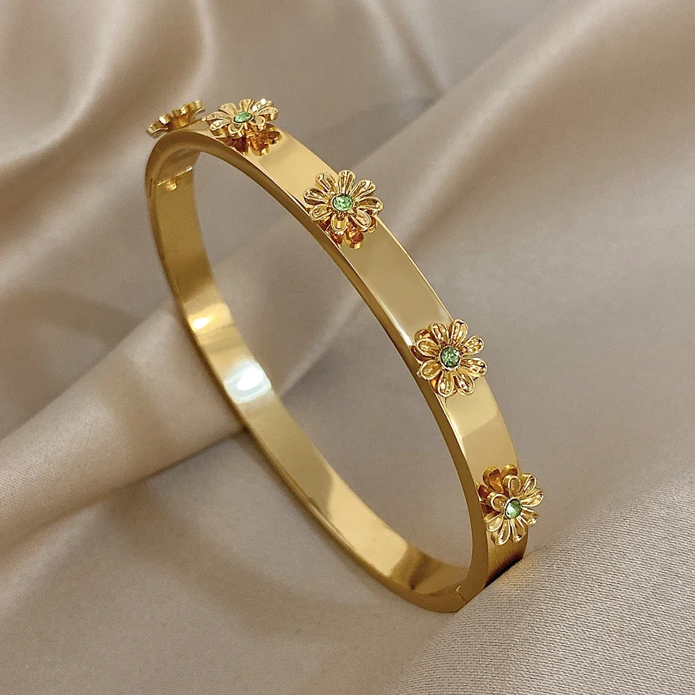 Fashion Stainless Steel Flower Inlay Rhinestone Wrist Cuff Bangles Bracelets For Women Men Chic Waterproof Charms Jewelry Gift view 5