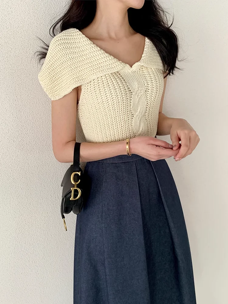 

Женский витой вязаный жилет Topenomi с лацканами, лето 2022, однотонный тонкий пуловер без рукавов, корейский шикарный простой тонкий свитер