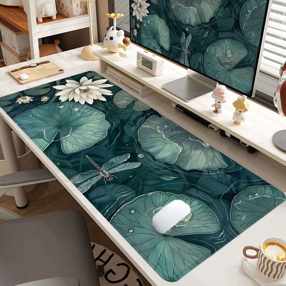 Lotus Leaves Mouse Pad Art Design Large Desk Accessories Desk Pad Rubber Base with Stitched Edge Mousepad Non-Slip Deskpad