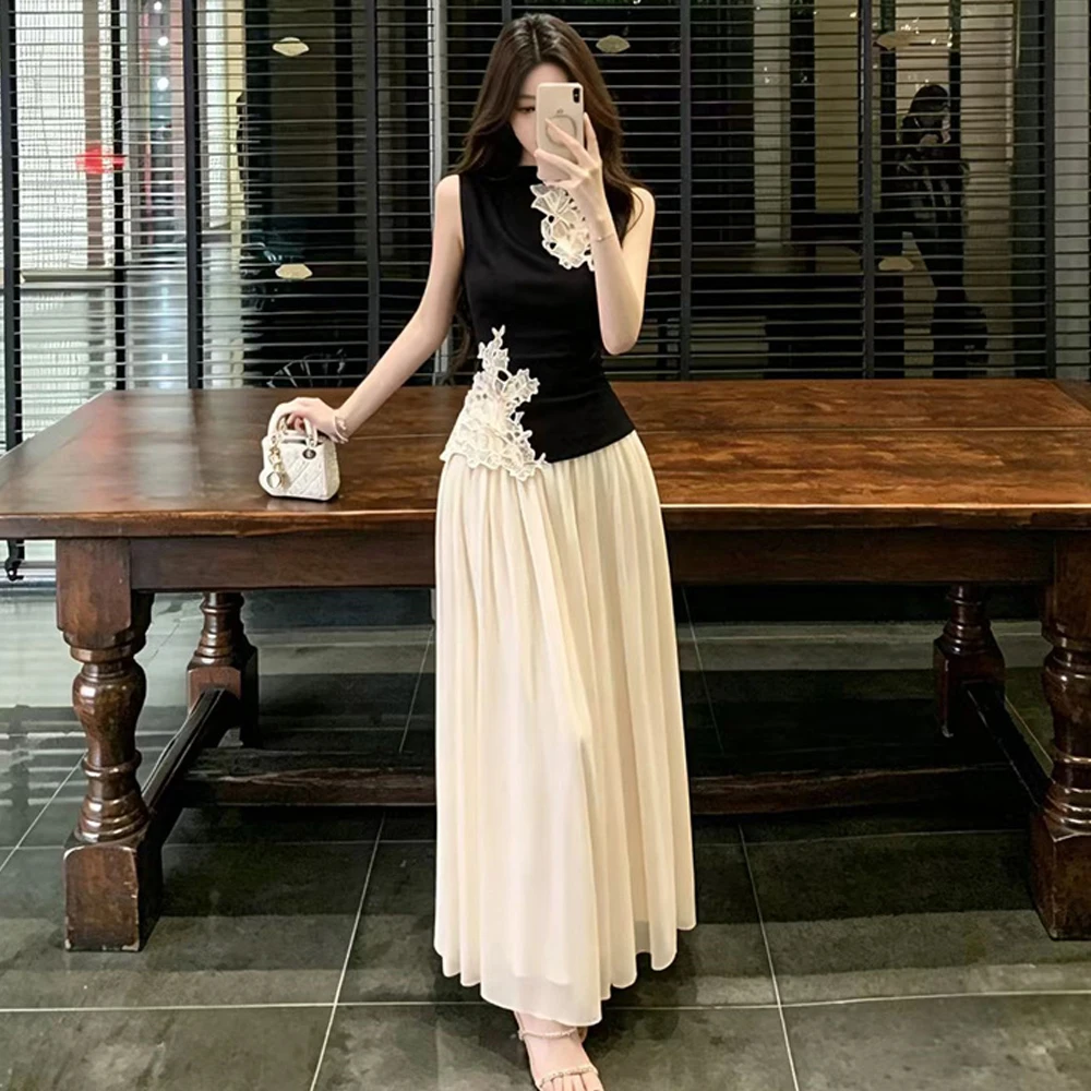 

New Chinese Style National Trend Hollow out Lace Sleeveless Knitted Vest High Waist Loose Wide Hem Half Skirt Set Women's Fas...
