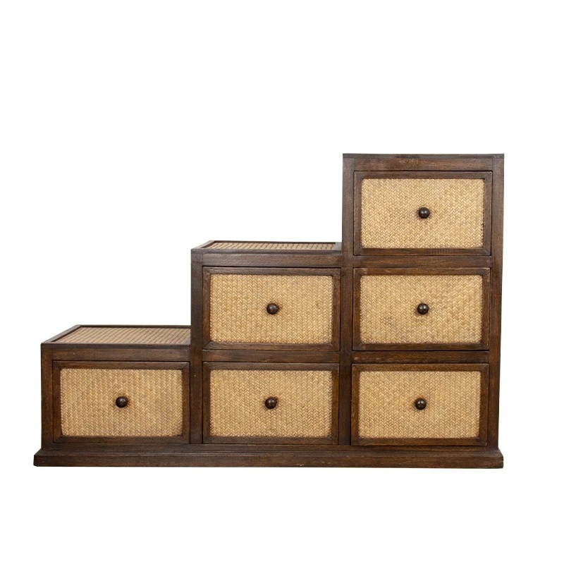 Tai Solid Wood Creates Drawer-Type Organizing Cabinet Locker Retro Rattan South East Asia Style Storage Cabinet