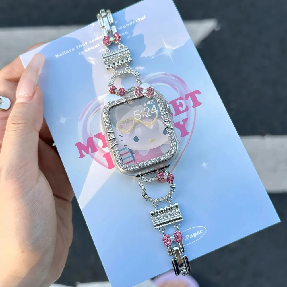 Kawaii Hello Kitty Apple Watch Case 41mm Cartoon Sanrio Bling Rhinestone Metal Strap Cute iWatch Series Strap Case Set Gift