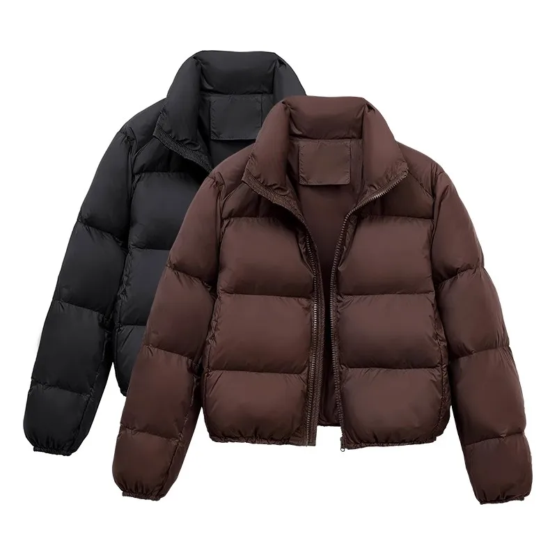 Frauen Mode kurze einfarbig gepolsterte Mantel Herbst Winter warme Jacke koreanischen Stehkragen lässig Reiß verschluss Baumwolle gepolstert