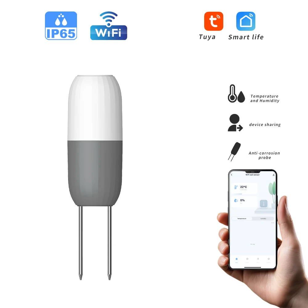Sensor de temperatura y humedad del suelo WiFi, Control inteligente por aplicación, Detector de suelo de riego hortícola para plantas