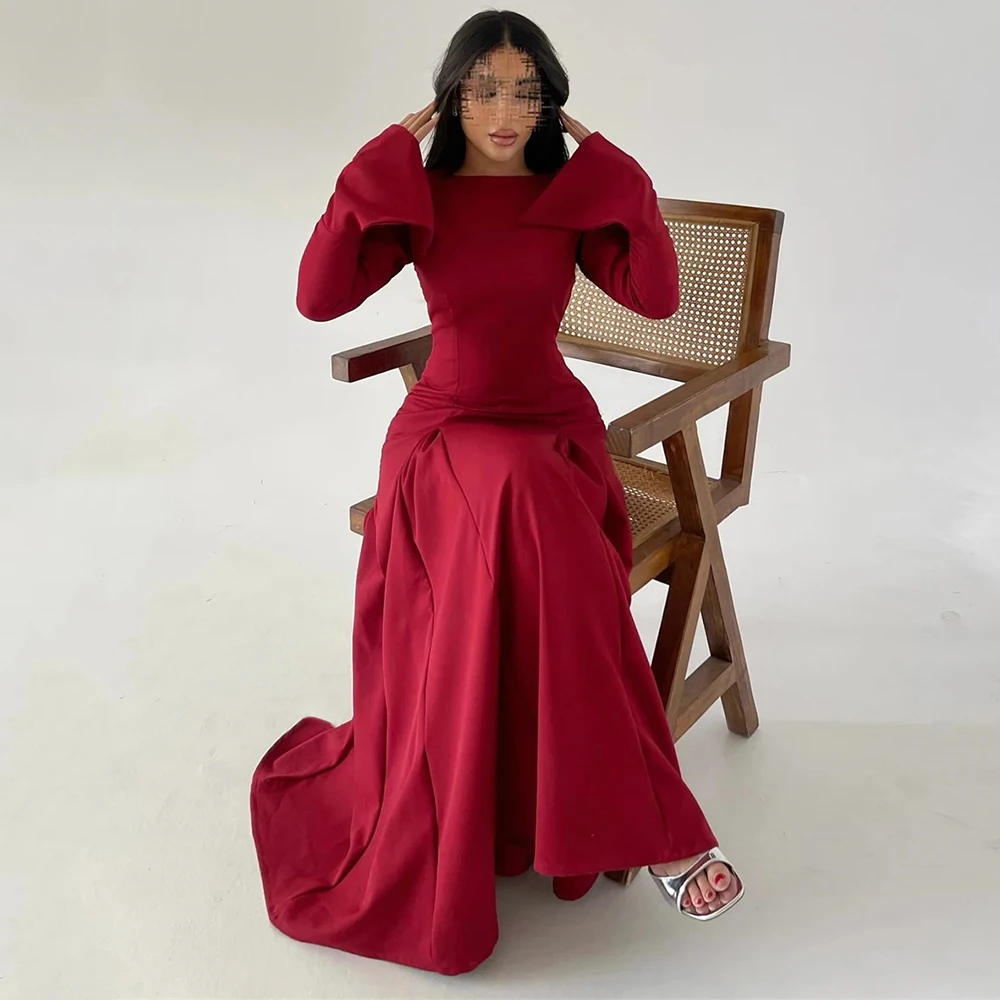 Saudi Arabia Jersey Evening Dress with Long Flare Sleeves Boat Neck A-Line Prom Dress High Quality Formal Evening Party Gowns