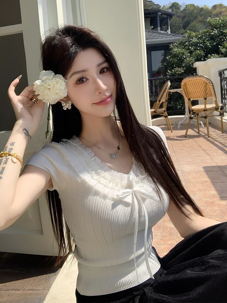 

Sweet Princ Sle Knitted T-irt Orgiris Brand V-Ne ort Sve Lace Patchwork Knot Regular Fit Summer Top