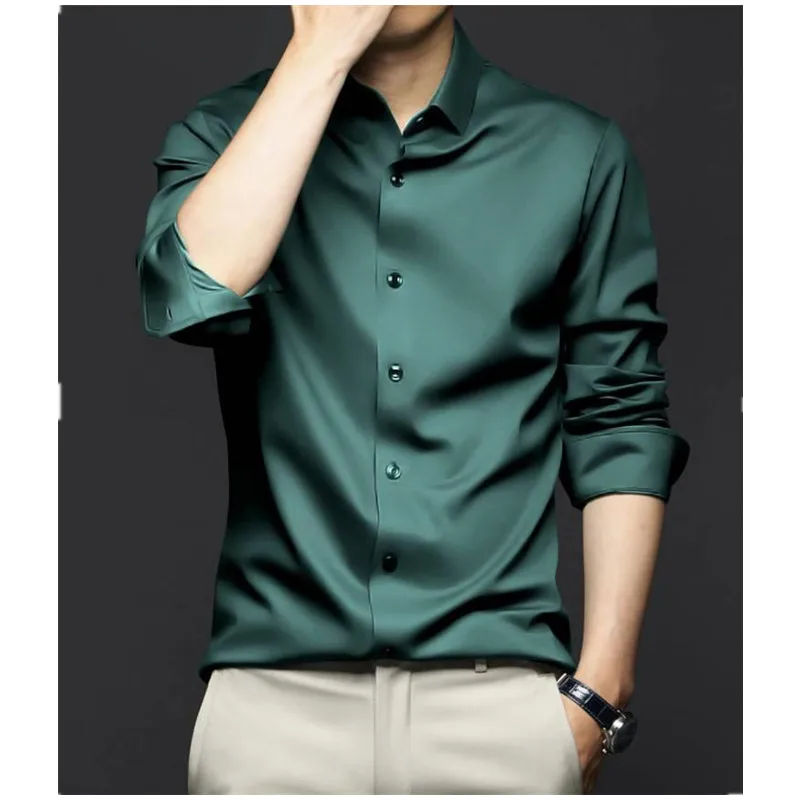 Luxurious Men\'s Long Sleeve Shirt 2023 New Spring Summer Ice Silk Business Top Wrinkle-resistant Non-iron Solid Men Clothing