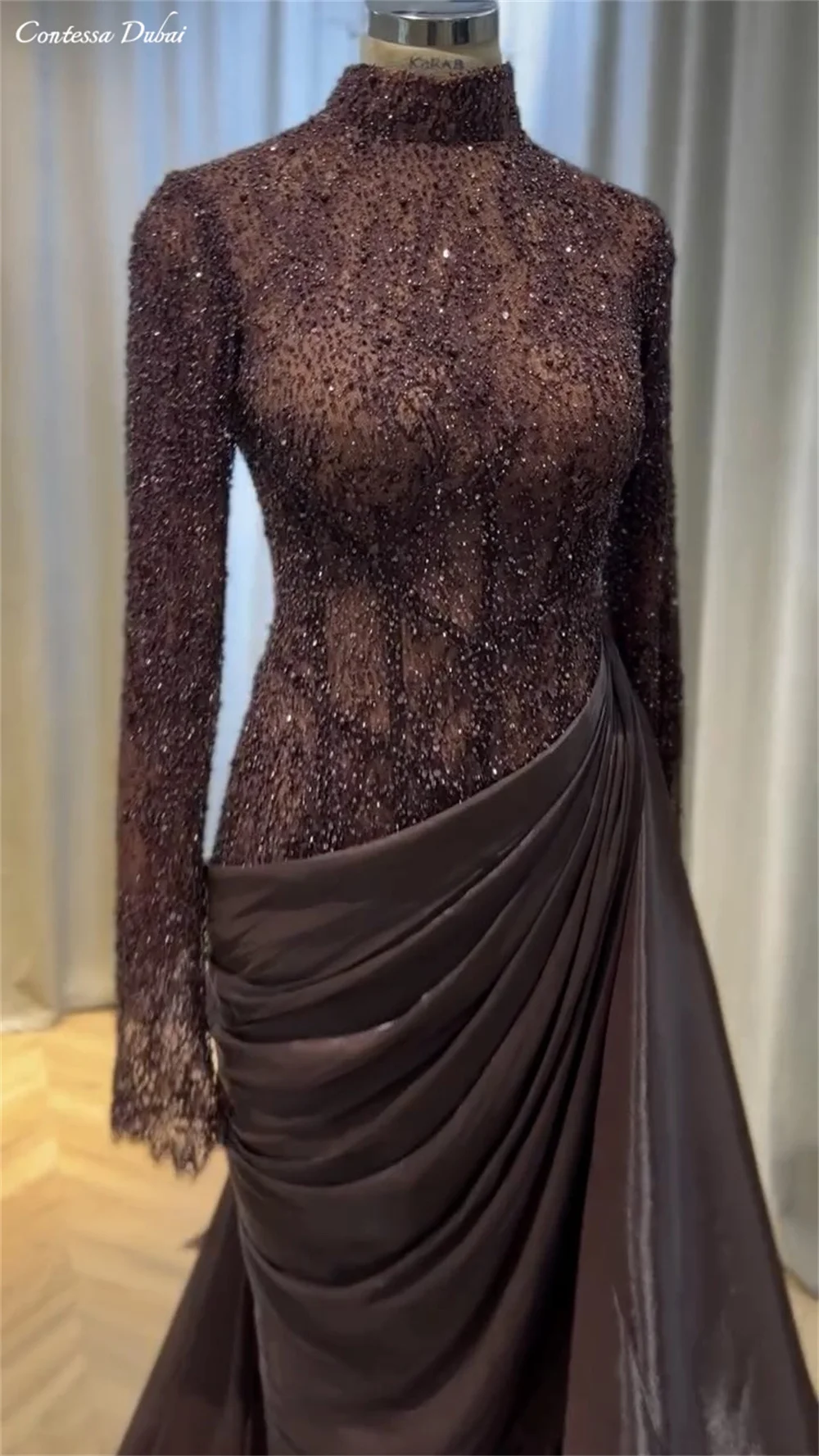 Contessa Custom Luxury Dark Chocolate Evening Gown Long Sleeve High Neck Dubai Heavy Beaded Prom Dress Mother of the Bride