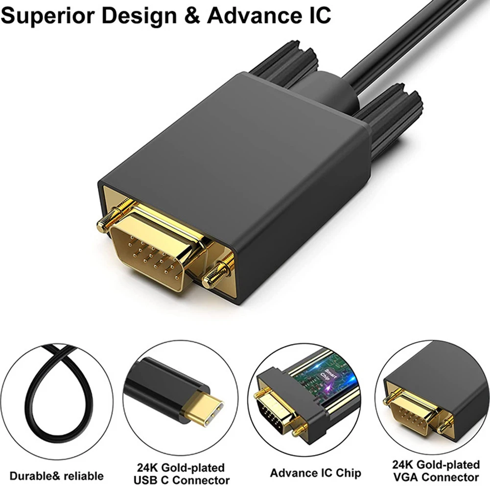 1.8M/6FT Type-C ถึงสายเคเบิลอะแดปเตอร์ VGA 10Gbps USB3.1 Type-C ถึง VGA อะแดปเตอร์แปลงสายเคเบิลพร้อมพอร์ตชุบทองสําหรับ MacBook