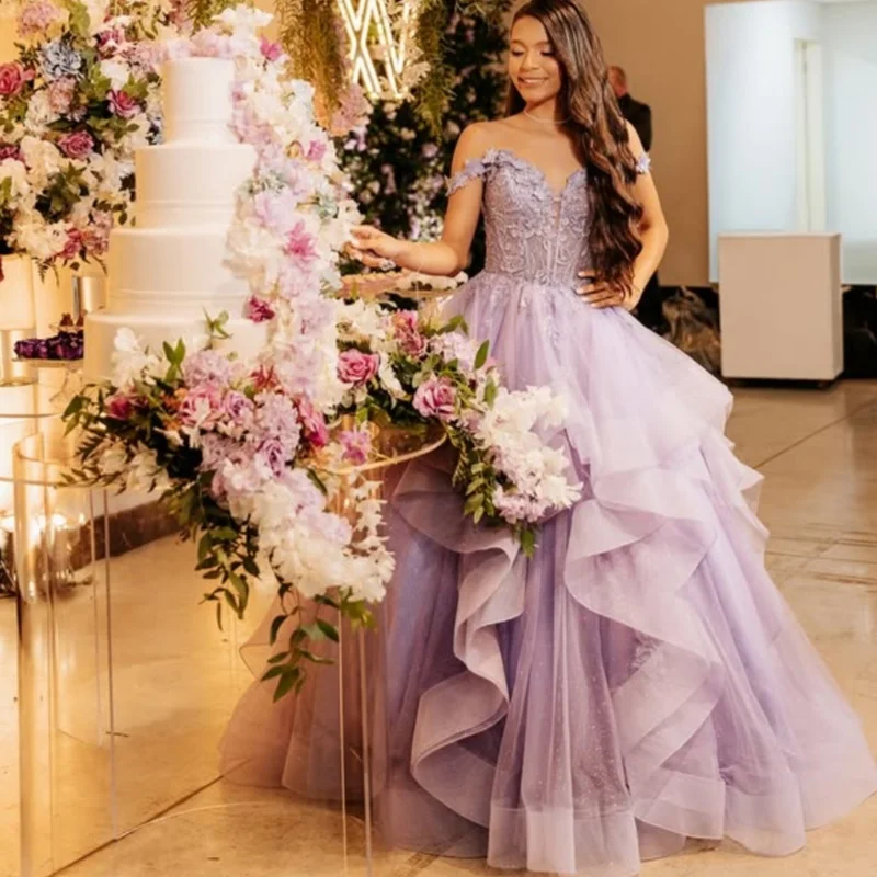 

Lavender Quinceanera Dress Crystal Glitter Decal Flower Lace layering Long tail Vestidos De 15 Quinceanera ﻿Customize