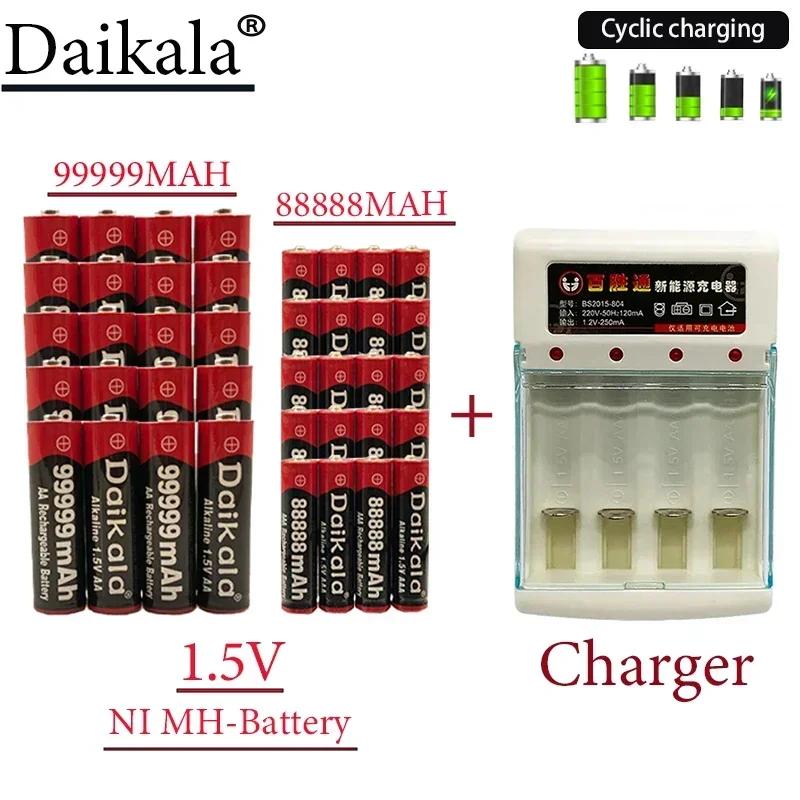 High-Capacity AA AAA Battery Set 2025 NEW 1.5V 99999mAh AAA 88888mAh with Charger Rechargeable for Flashlight MP4 Toy