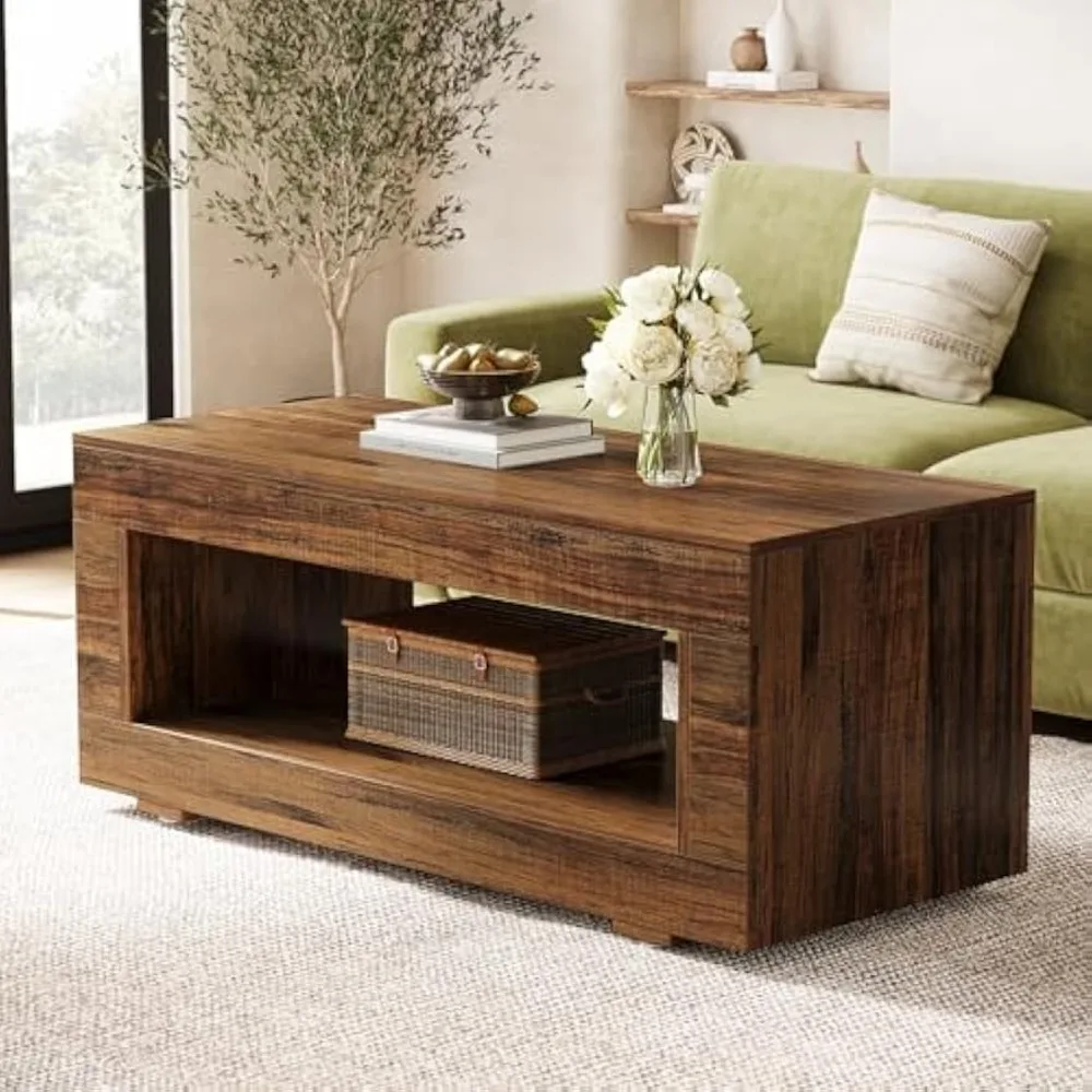 Wood Coffee Table for Living Room, 43.3" Modern Farmhouse Coffee Table with Storage, 2-Tier Rectangular Center Table Cocktail L