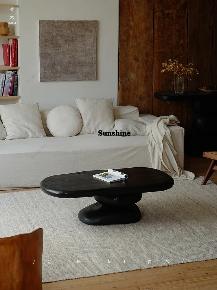 Light Luxury Retro Style Carbonized Black Wooden Coffee Table Creative Pebble Shape Art Table Living Room Decorated Tea Table  F