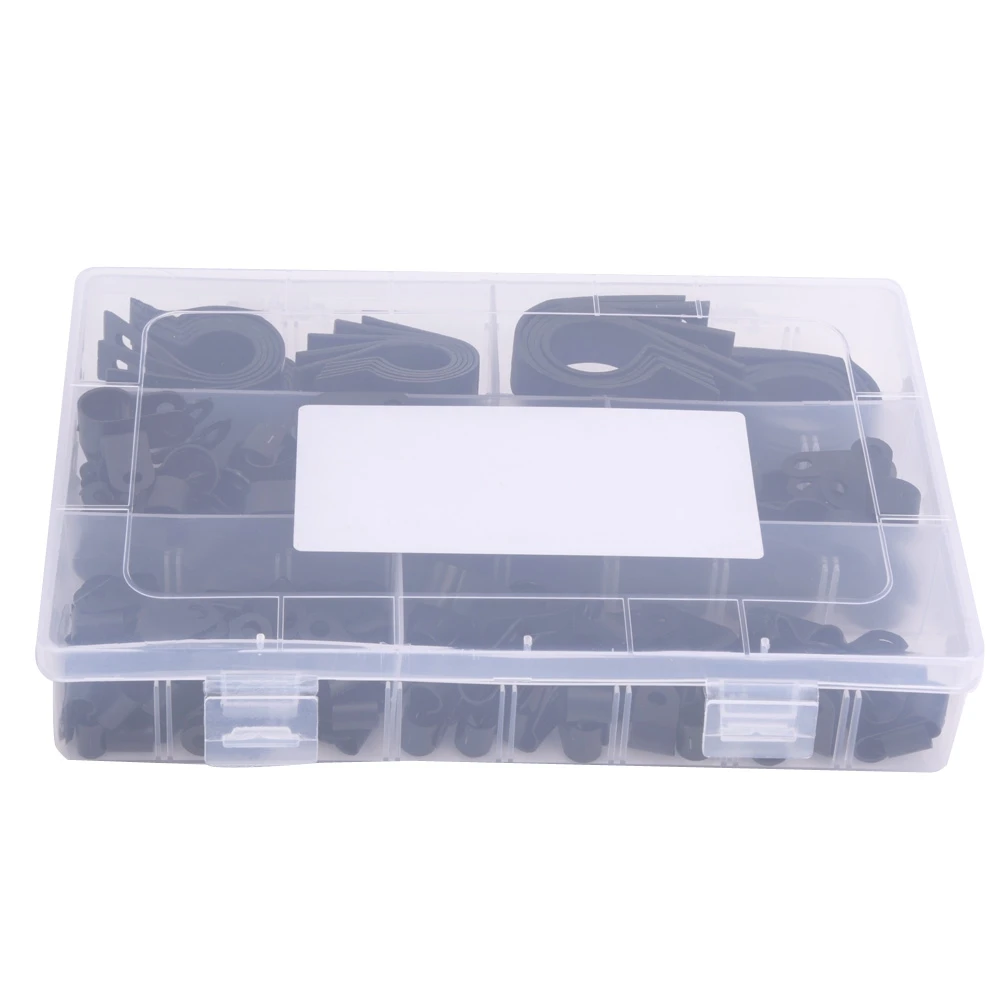 200pcs Plastic Nylon Cable Clamp R Type P Type Wire Clip Fasteners Assorted Box(Black )