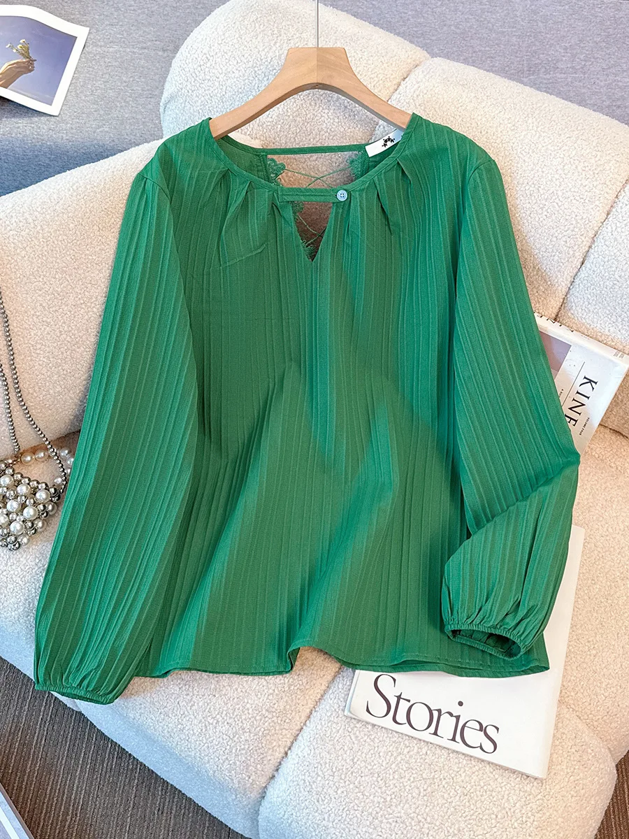 

150Kg Plus Size Women's Bust 160 Spring Autumn Long Sleeved V-Neck Lace Shirt Green 5XL 6XL 7XL 8XL 9XL