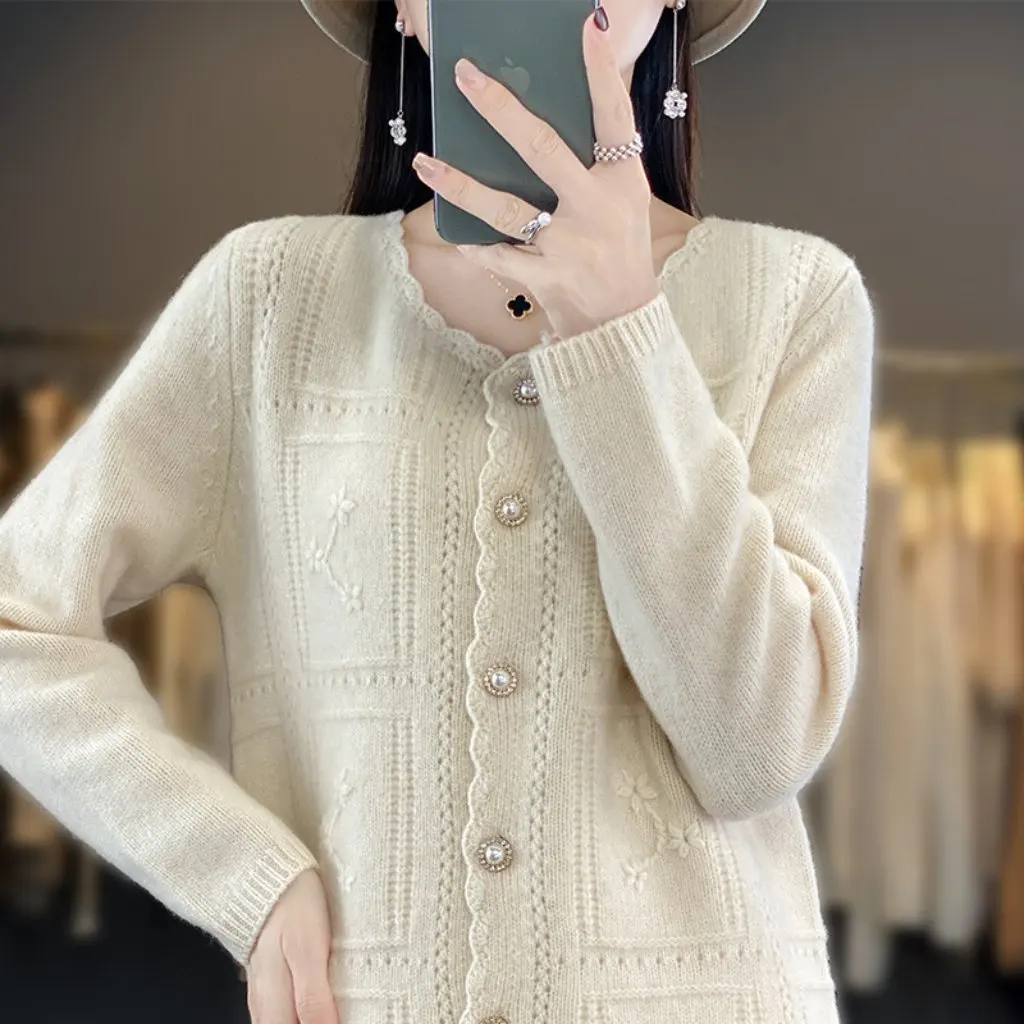

Women's Hand-Embroidered Seven-Needle Cardigan Autumn Winter Knitted Hollow Sweater Woolen Jacket for Fashionable Outerwear