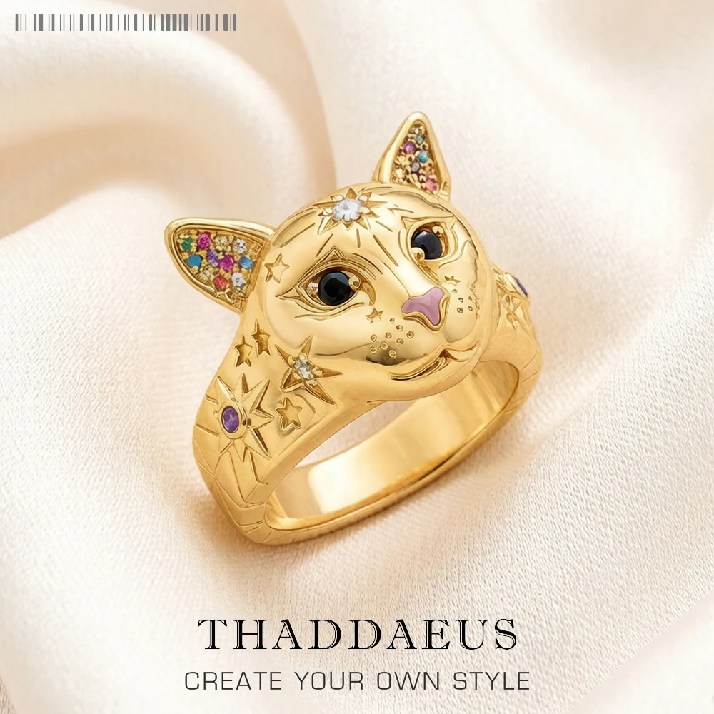 Vergoldeter Ring mit Katze, Frühling, brandneuer feiner Schmuck, Böhmen-Geschenk für Frauen aus 925er Sterlingsilber