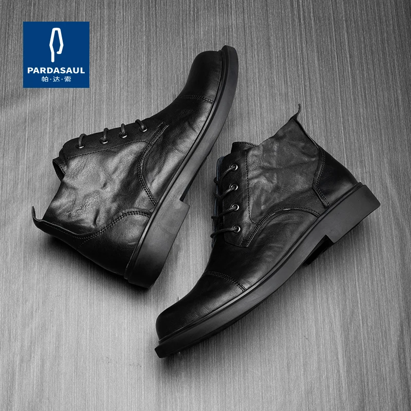 Men's round toe comfortable leather casual shoes versatile British fashion mid top men's boots 221121 - Image 2