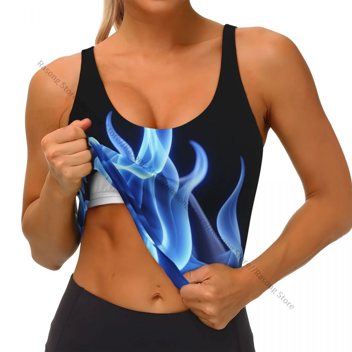 Chaleco de Yoga para mujer, Tops cortos deportivos para gimnasio, ropa de calle con textura de fuego azul, camiseta sin mangas transpirable para entrenamiento para mujer