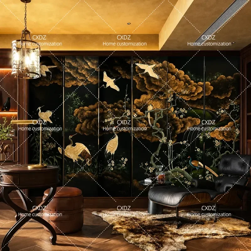 Medieval Style Folding Screen Room Divider for Living Room Entrance Porch Dining Area Black Retro Lacquer Finish Customizable