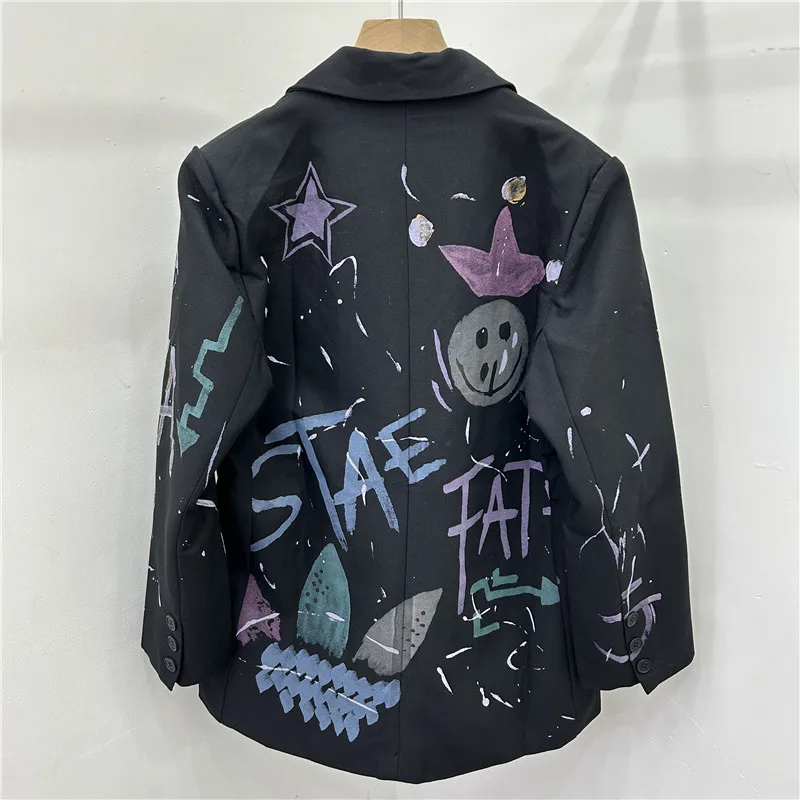 Streetwear Fashion Letters Graffiti Hand Paint Black Blazers Coat Women Outerwear Loose Mid Long Big Pocket Suits Jacket Female