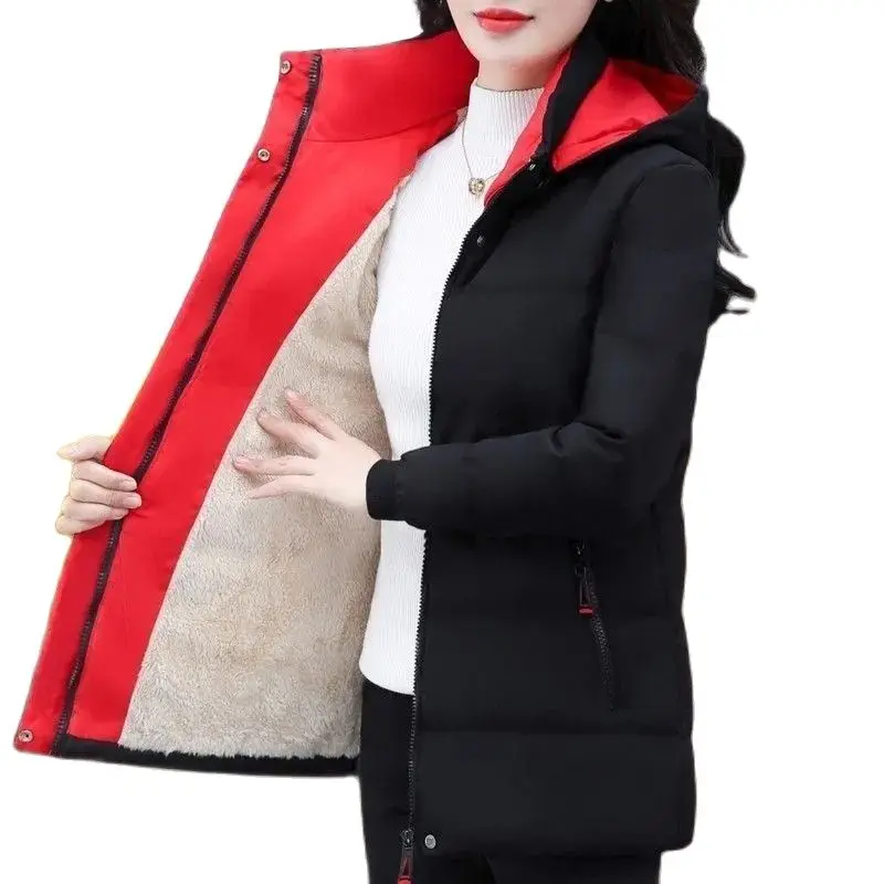 Destacável com capuz parka jaqueta à prova de vento jaqueta de inverno feminina de pelúcia e engrossado high-end casaco de algodão curto feminino retalhos