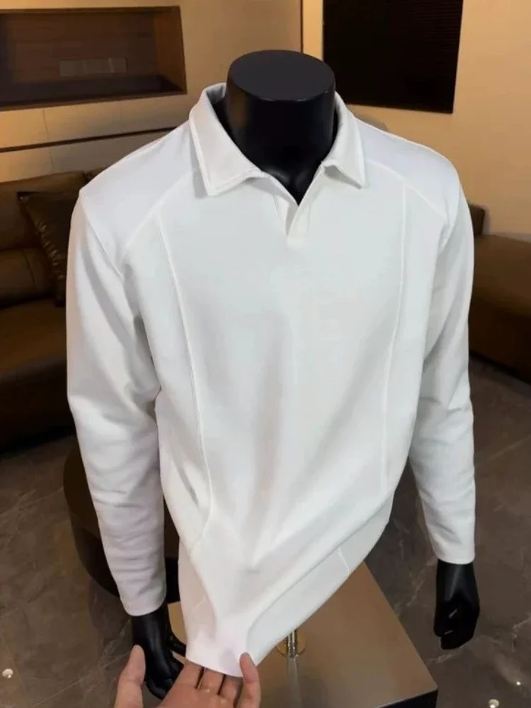 Mens White Gull Neck Polo Long Sleeve Tee Advanced Spliced Regular Shoulder Top