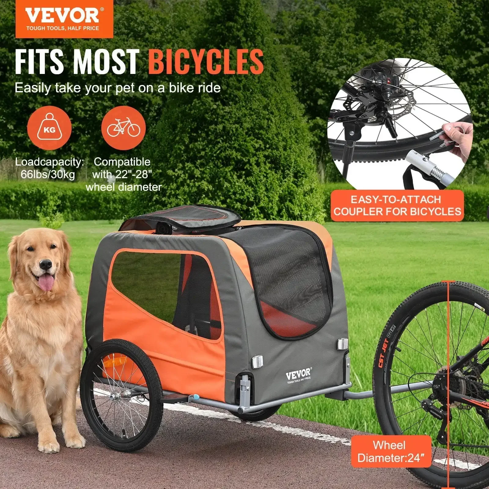 Remorque de vélo pour chien, prend en charge jusqu'à 66 lb, porte-vélo pour chariot pour animaux de compagnie, cadre pliable facile avec roues à dégagement rapide, universel