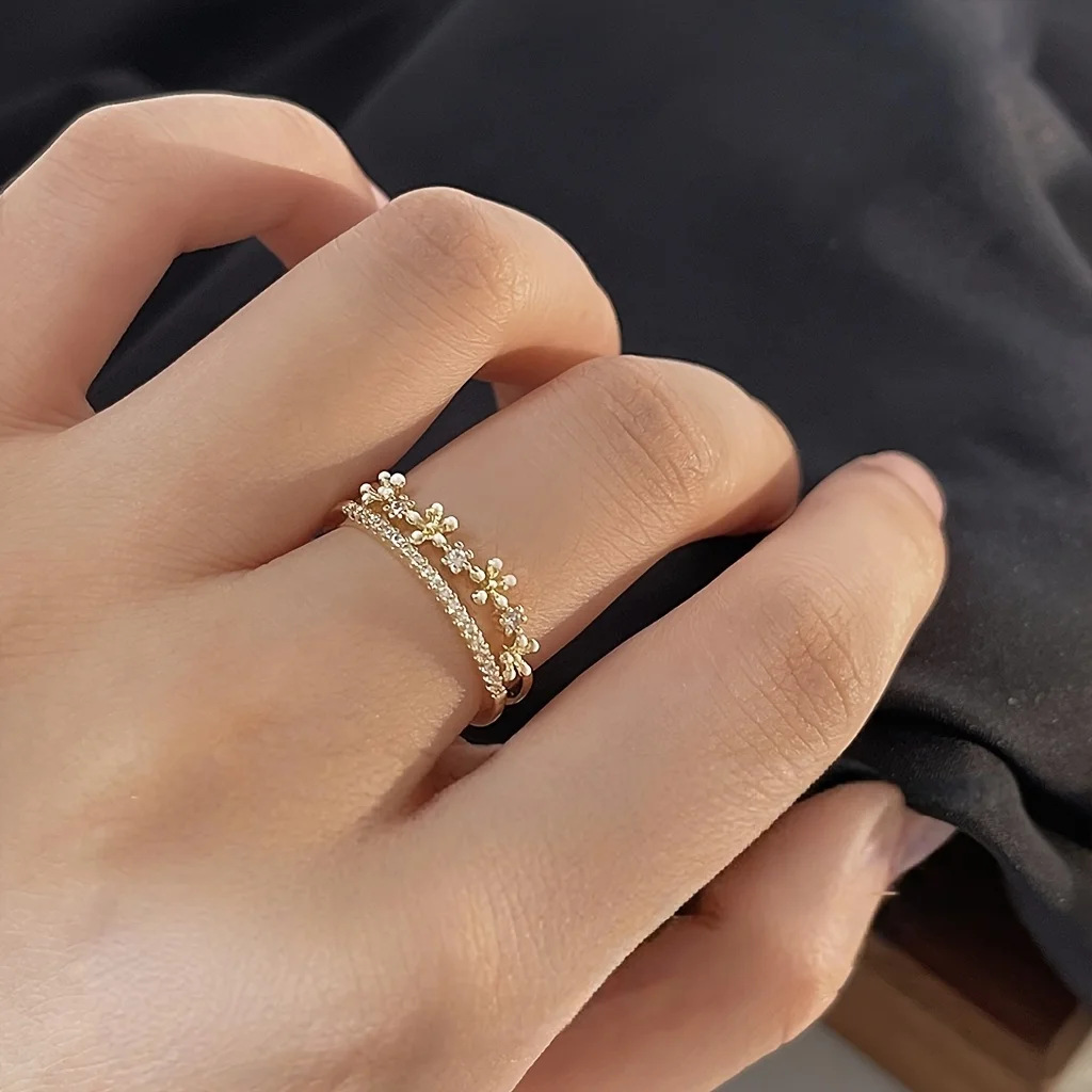 New Fashionable Micro Inlaid Zircon Flower Double Layer Ring for Women with High Luxury and Sweet Fashion