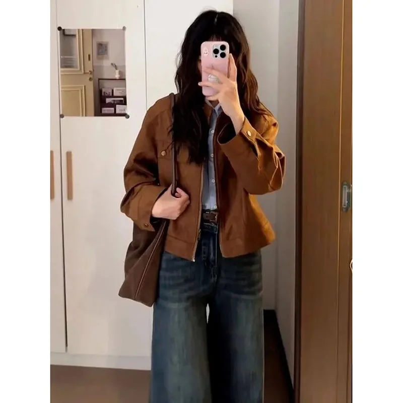 

2026 Spring Autumn Women's Maillard Retro Coat New Simple Little Stand-up Collar Female Loose Joker Jacket Ladies Short Coat