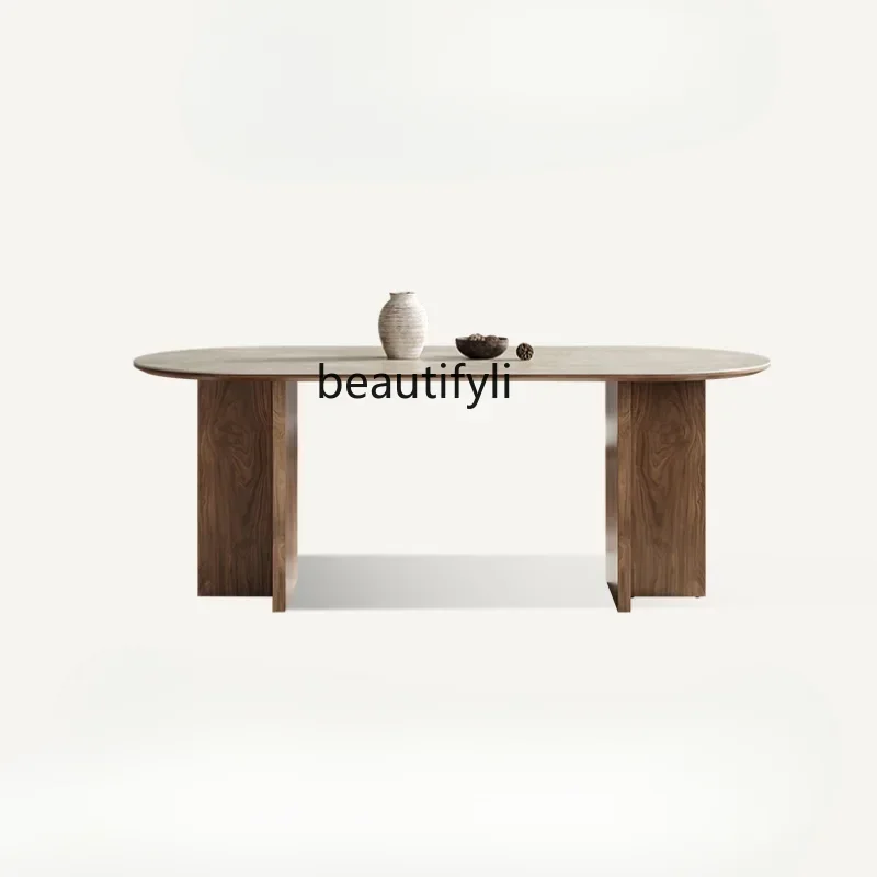 FG11Style Solid Wood Stone Plate Dining Table Small Apartment Home North America Black Walnut French Mid-Ancient Ellipse