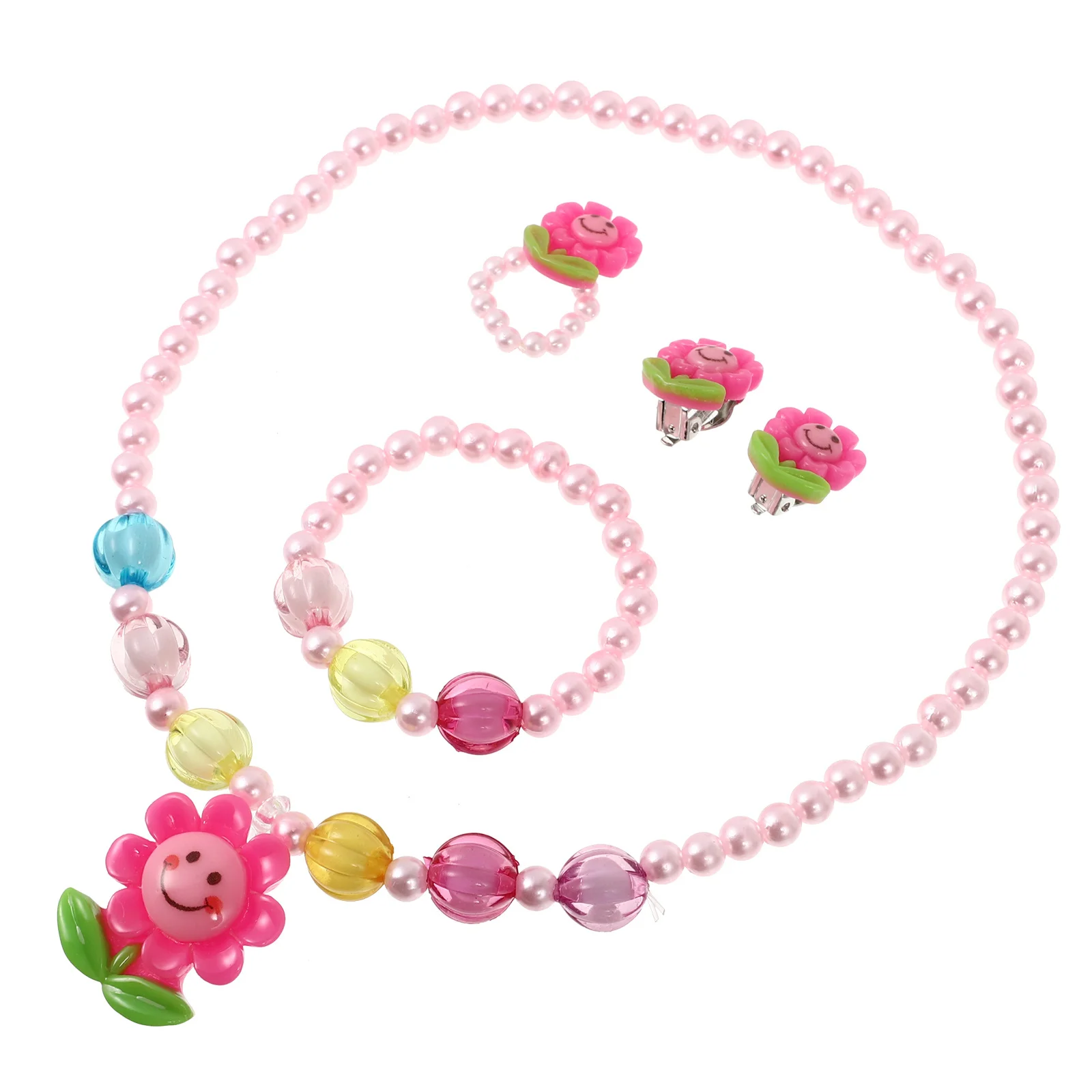 

4Pcs Plastic Pink Sunflower Jewelry Set Necklace Bracelet Earrings Adorable Daily Wear School Pretend Birthday Gift