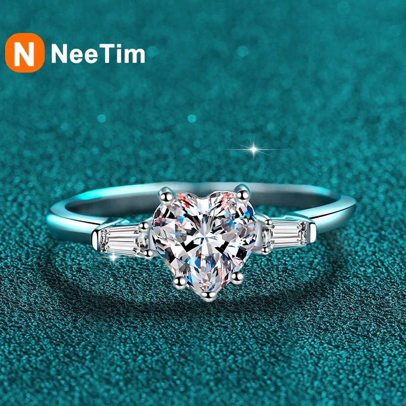 NeeTim D VVS1 1ct Heart Cut Moissanite Engagement Ring Women Bridal Proposal Rings S925 Sterling Silver Wedding Band With GRA