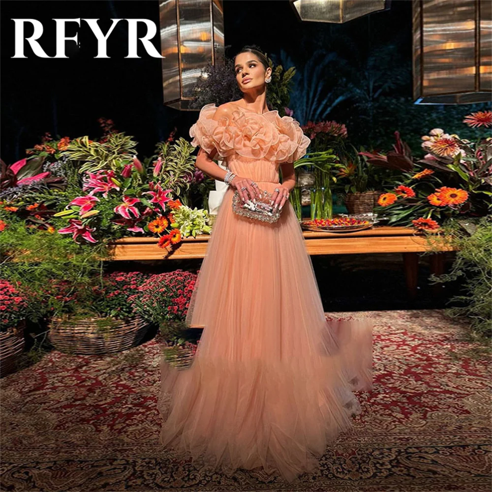 RFYR Pink Exquisite Tiered A-line Evening Dresses Off the Shoulder Pleat Flowers Prom Dress Morden Vestidos De Fiesta Customized