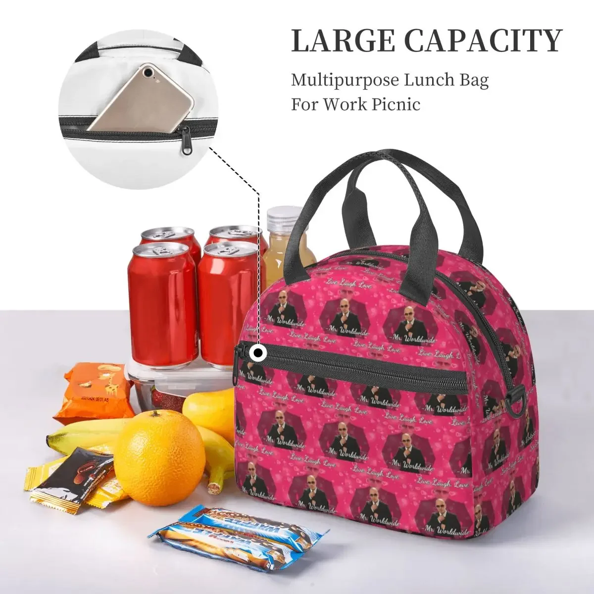 Mr Worldwide Live Laugh Love Insulated Lunch Bag for Women Kids Portable Food Boxes Thermal Lunch Box Tote