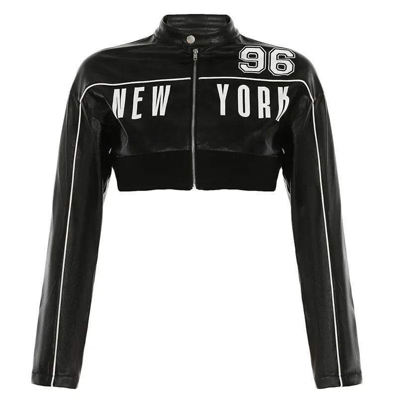 Joskaa Letter Printed Leather Black Jackets Women Hipster Long Sleeve Zipper Crop Tops Winter Fashion Moto Coats Y2K Streetwear