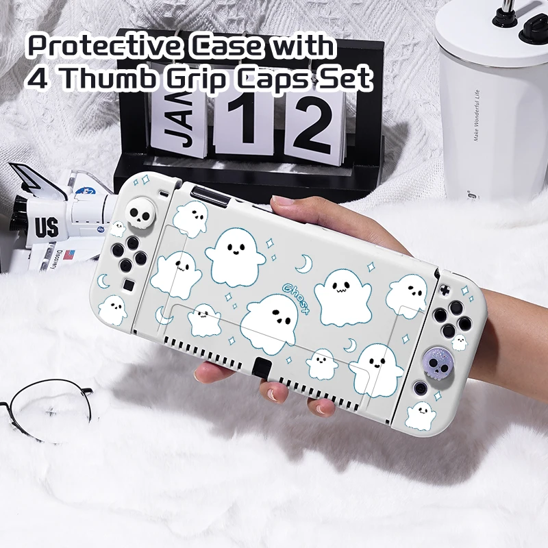 1 Pcs White ghost Protective Case Bundle with 4pcs Grip Caps For Nintendo Switch OLED