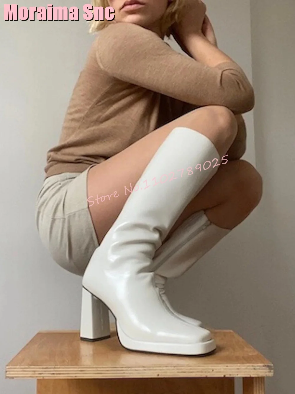 Square Toe Block Chunky Heel Knee High Boots Side Zipper Brown Solid Women Long Boots Fashion Autumn Winter New Arrivals 2024