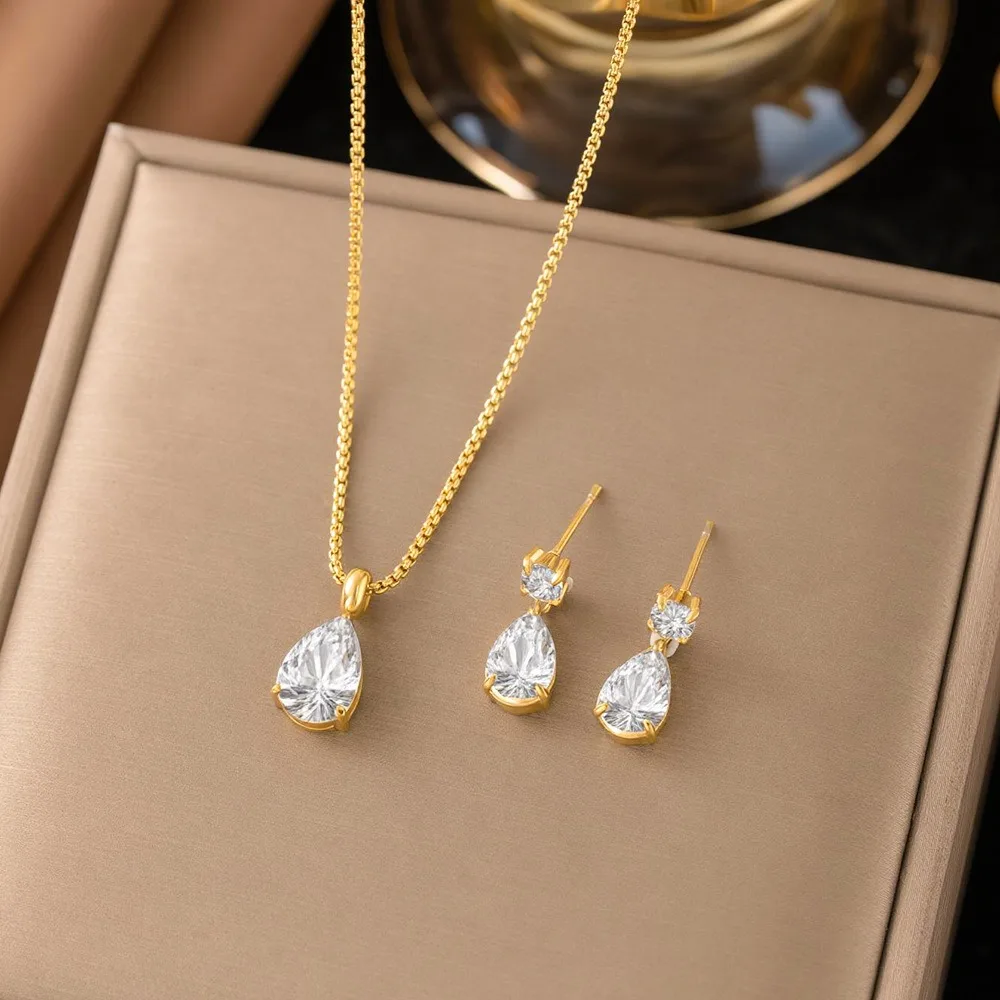 Simple Luxury Gold Tone Stainless Steel Pear Teardrop Zircon Pendant Necklace & Stud Earrings Set for Women Fashion Jewelry Sets