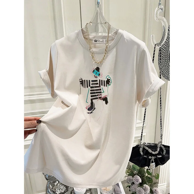 Women Clothing Chic Hand-Painted Cartoon Print Tshirt Summer Pure Cotton O-neck Short Sleeve Basic Top Tee Casual Loose Pullover