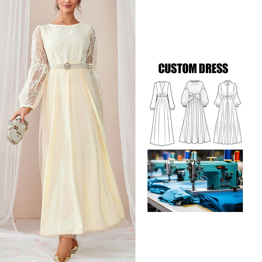 Nowość 2025 Elegancka sukienka damska z koronkowymi wstawkami i siateczką na wiosnę i lato, transgraniczna, z naturalną talią, w stylu Bliskiego Wschodu.