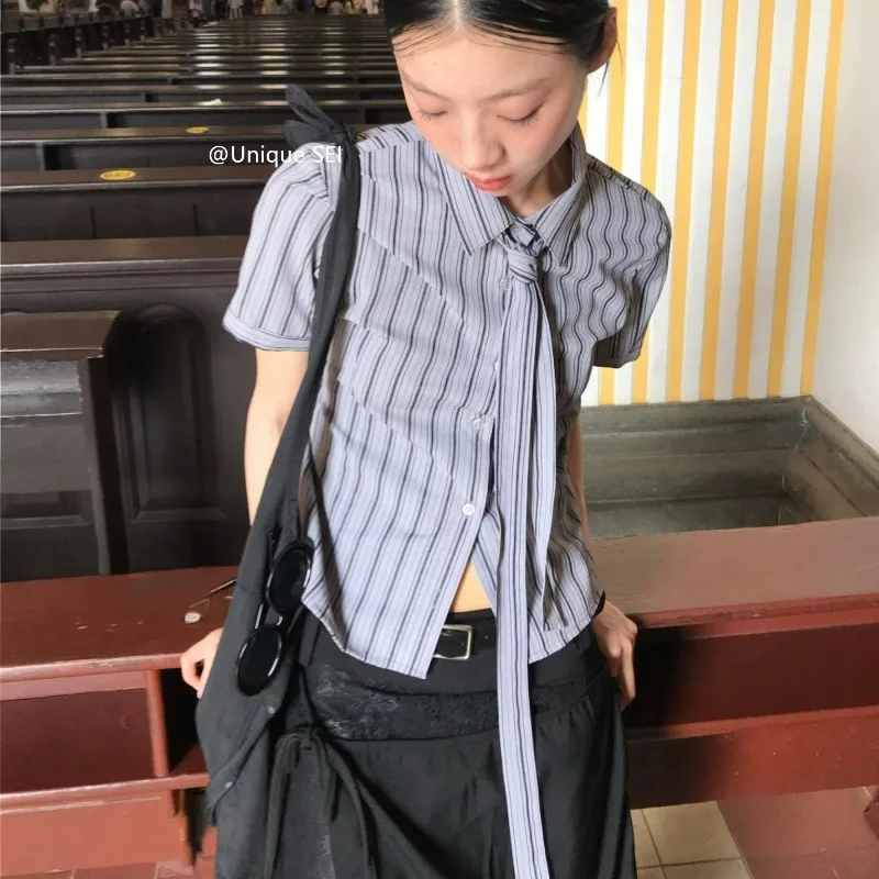 Turn Down Collar Lace-up Vintage Short Sleeve Shirt Women 2026 Summer New Korean Contrast Color Vertical Stripe Casual Tops