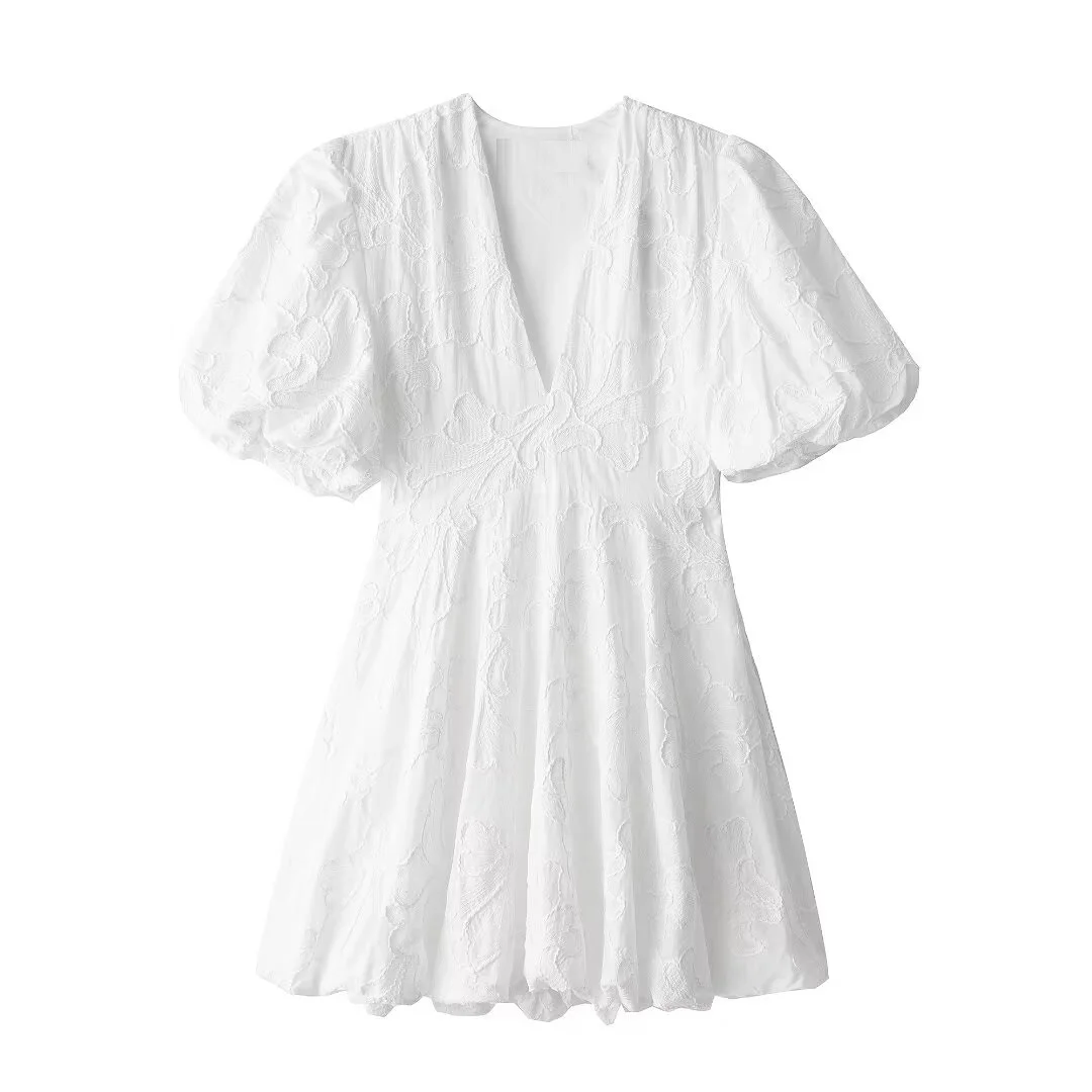 Tangada 2024 Summer Women Embroidery Cotton Dress Puff Short Sleeve Females White Mini Dresses 3H0401